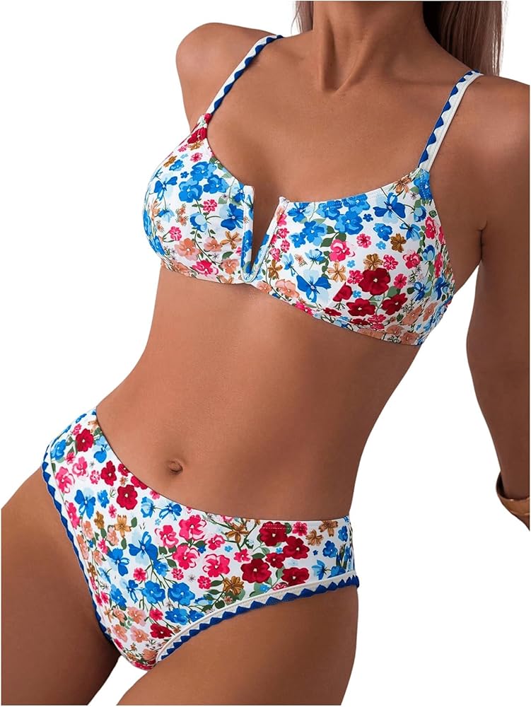 MakeMeChic Women's 2 Piece Bikini Set Floral Wired Backless Summer Swimsuits Bathing Suit