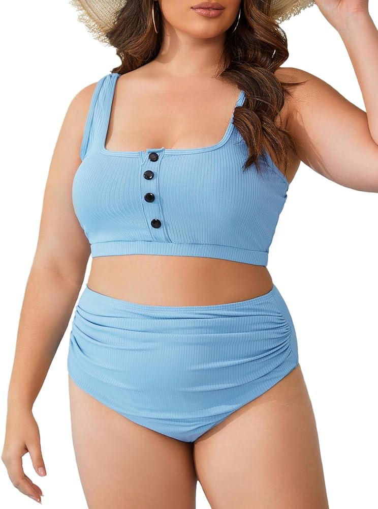 ZOMVA 2024 Plus Size Womens Bikini Set Two Piece High Waist Swimsuit Tummy Control Bathing Suit Swimwear