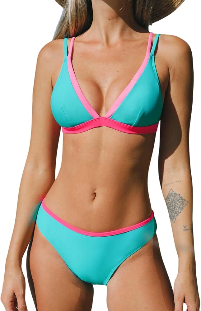 CUPSHE Women's Bikini Sets Two Piece Swimsuit Mid Rise Bottom V Neck Triangle Top Color Block Swimwear