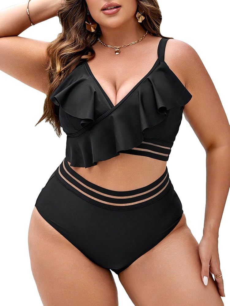 WDIRARA Women's Plus Size 2 Piece Ruffle Bikini Mesh V Neck Crop Top and Cheeky Shorts Swimsuit Set