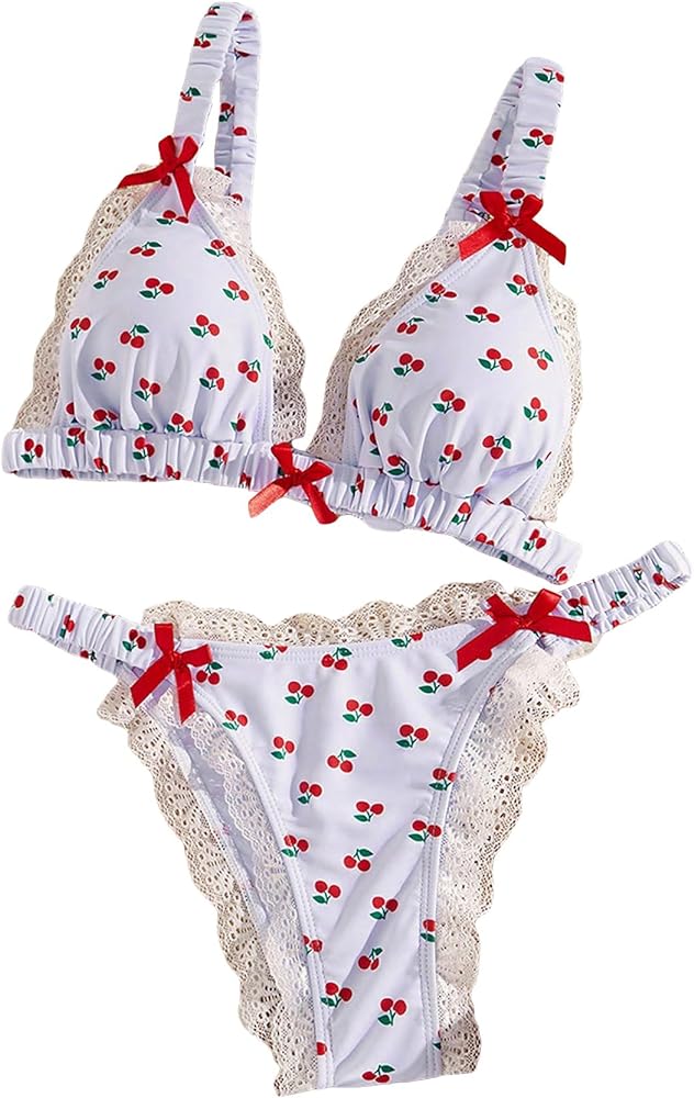 Floerns Women's Bikini Set Two Piece Cherry Print Lace Trim Triangle Bathing Suit