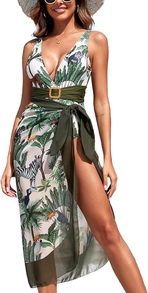 AWIBMK Women 3 Piece Swimsuits with Cover Ups Sarong Skirt Bikini Sets Sexy Tummy Control Swimwear Two Piece Bathing Suit