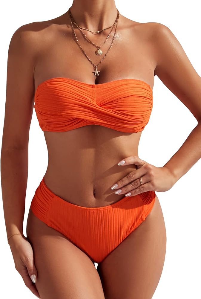 GORGLITTER Women's Bandeau Swimsuit 2 Piece Twist Front Strapless High Waisted Bikini Set Bathing Suit