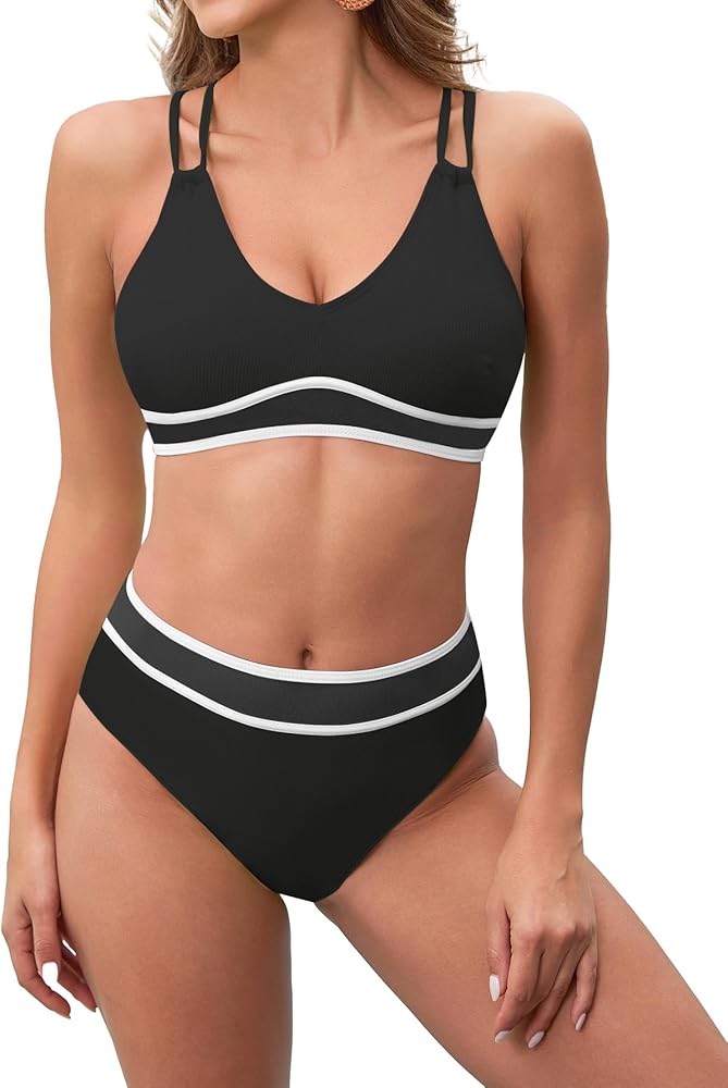 Women's 2 Pieces High Waisted Bikini Set V Neck Mesh Color Block Cheeky High Cut Bathing Suits