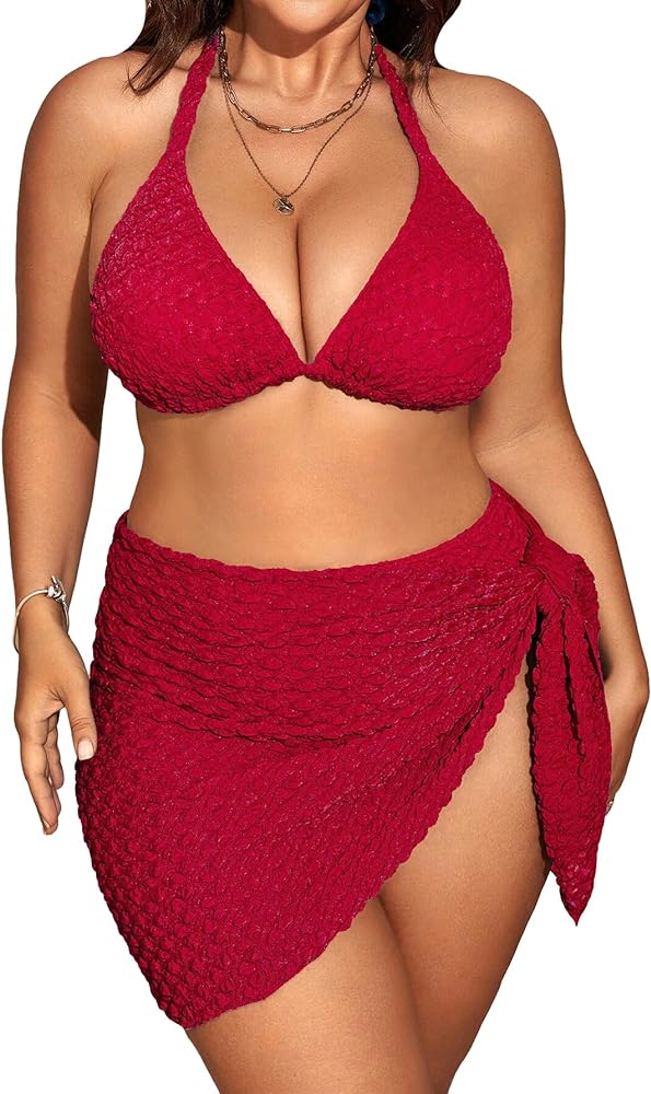 MakeMeChic Women's Plus Size 3 Piece Bikini Sets Tie Backless Halter Triangle Swimsuit Bathing Suit Cover Up Beach Skirts