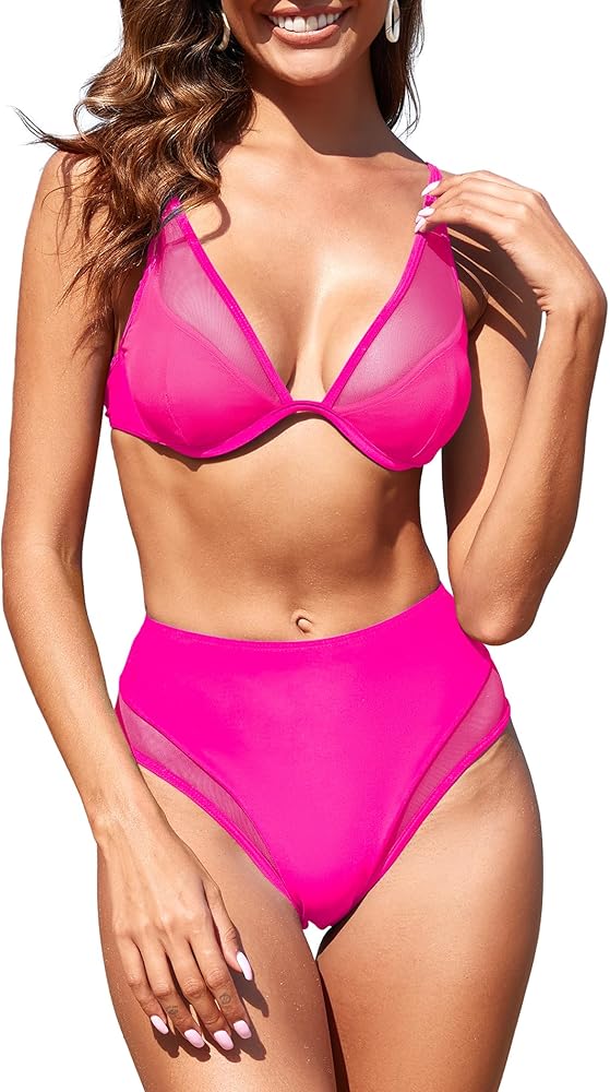 ZAFUL Womens High Waisted Bikini Sets High Cut Sexy Cheeky Two Piece Bathing Suits Pink