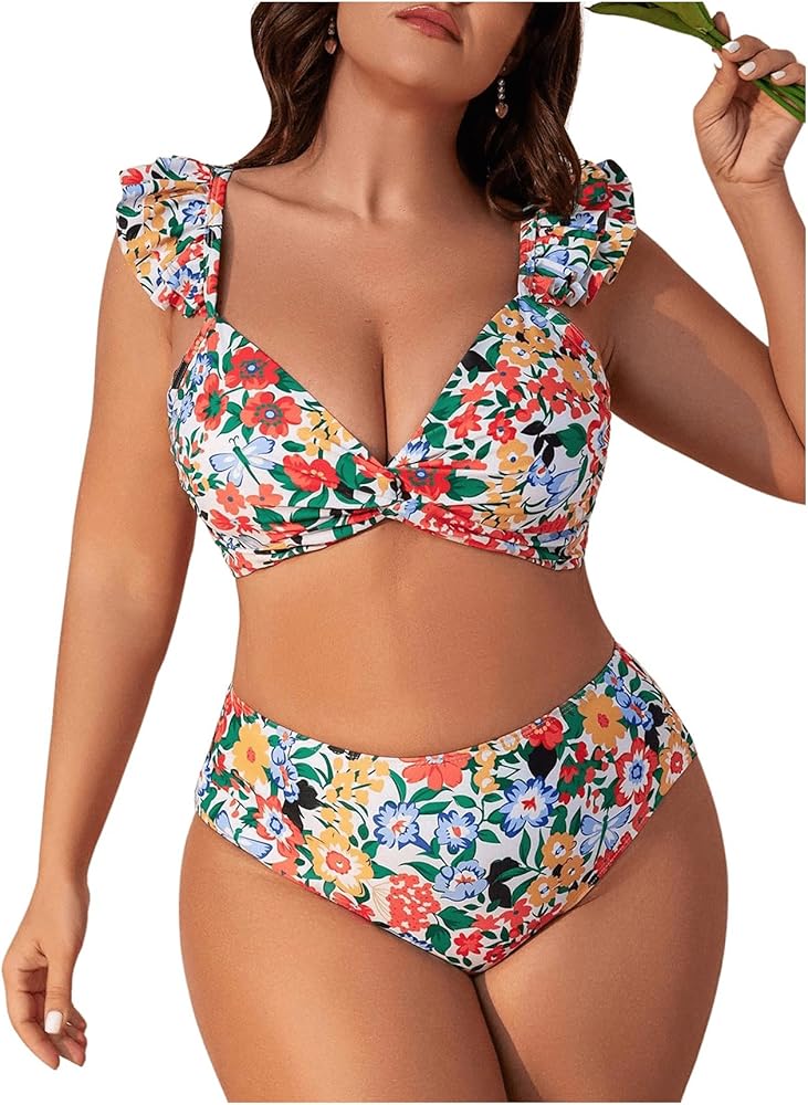 Floerns Women's Plus Size Floral Print Two Piece Bathing Suit Twist Front Bikini Set