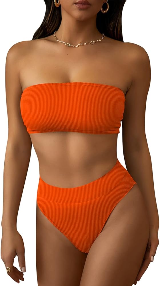 Pink Queen Women's Ribbed High Waisted Bikini Set Removable Strap Bandeau Swimsuit