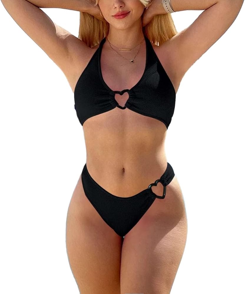 Lilosy Sexy Linked Halter Tie Back Textured Bikini Women Swimsuit Set