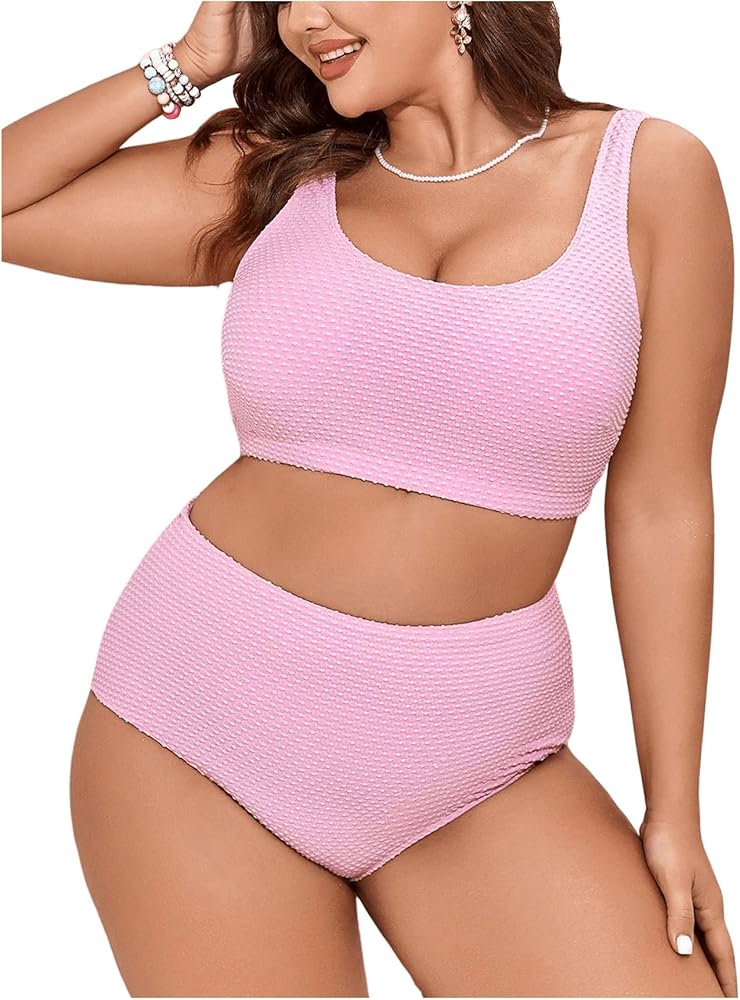 SOLY HUX Women's Plus Size Swimsuit High Waisted Textured Bathing Suits Two Piece Bikini Sets