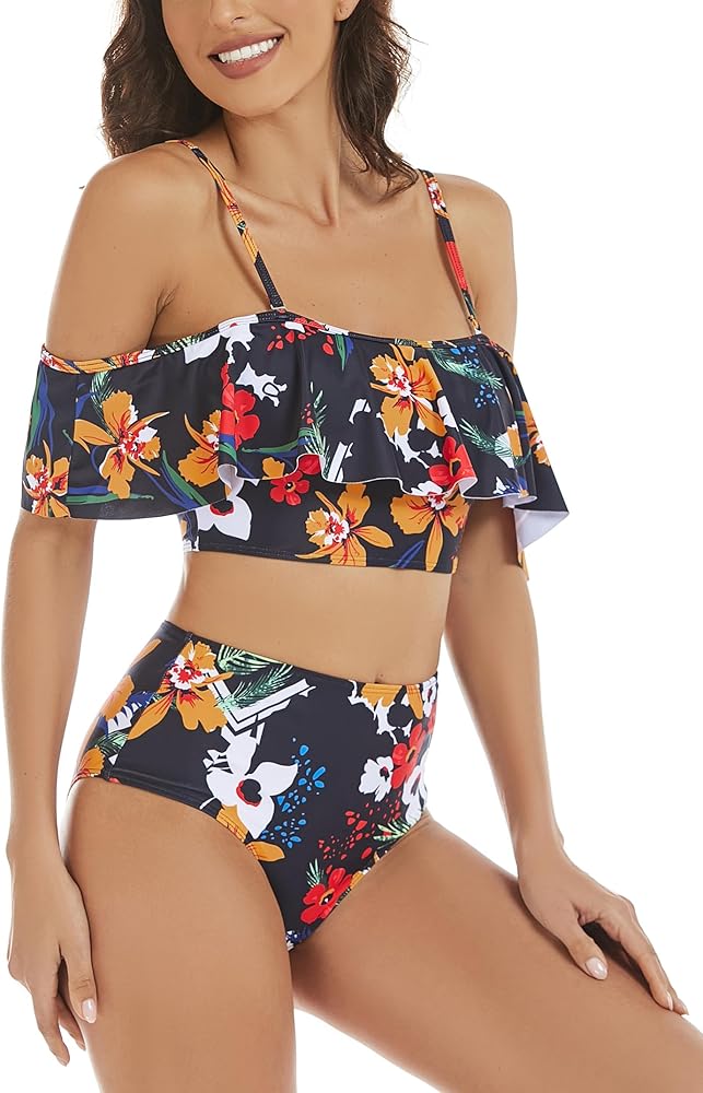 Women Two Piece High Waisted Flounce Bikini Set Off Shoulder Swimsuit Tummy Control Bathing Suits