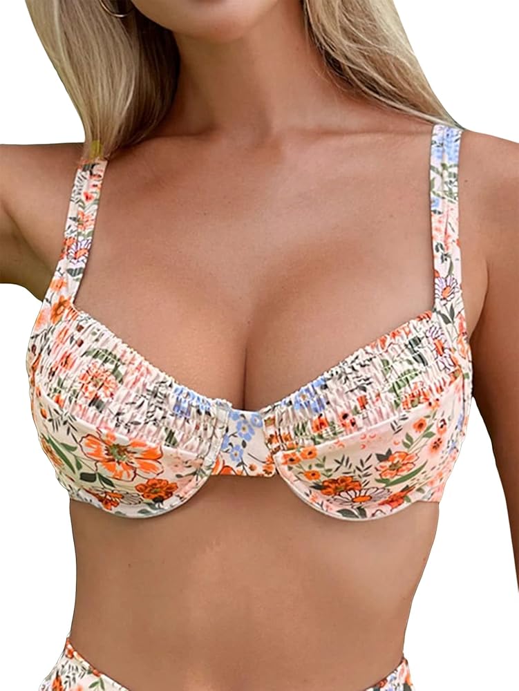 SHENHE Women's Floral Print Underwire Smocked Spagehtti Strap Bikini Top Beachwear