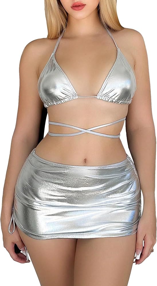 SOLY HUX Women's 3 Piece Swimsuits Metallic Halter Triangle Bikini Sets Bathing Suit with Drawstring Beach Skirt