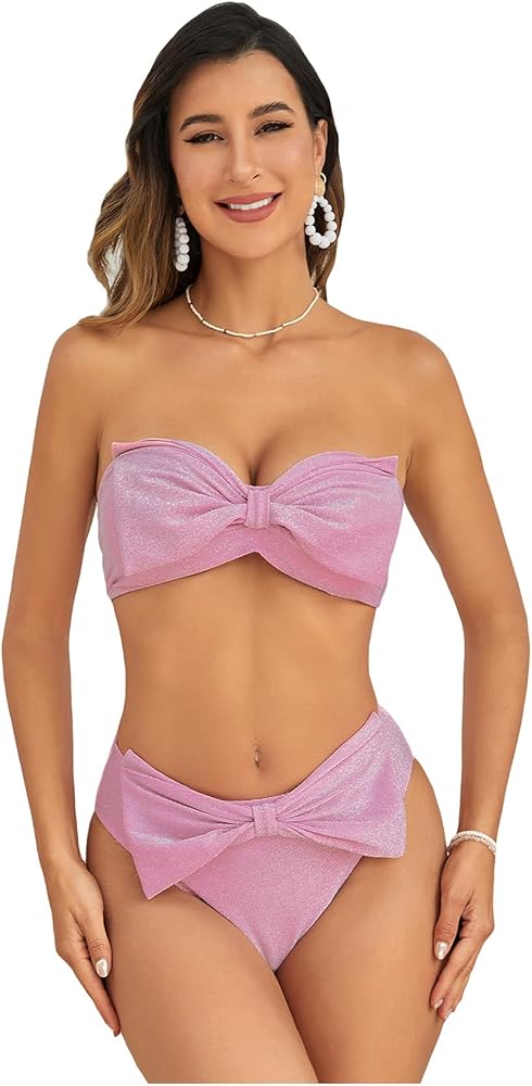 Women's 2 Piece Swimsuit Bow High Waist Strapless Bandeau Bikini Set