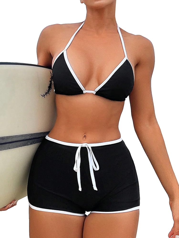 SweatyRocks Women's 2 Piece Swimsuit Contrast Trim Halter Triangle Top with Shorts Bathing Suits Bikini Set