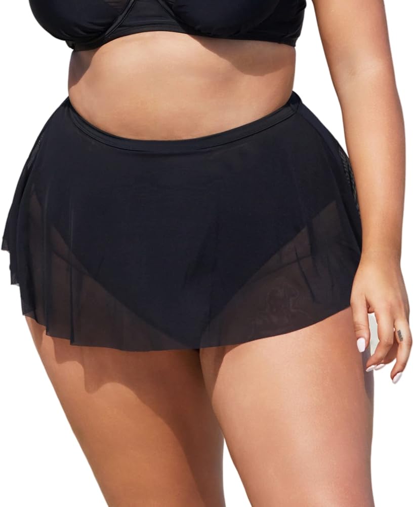 CUPSHE Women Plus Size Bikini Bottom High Waisted Swimsuit Full Coverage Mesh Mini Hem Bathing Suit