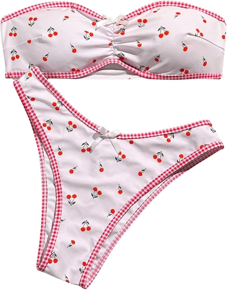 WDIRARA Women's Cherry Printed Bandeau Knot Front Swimsuit High Cut Ruched Bikini Set