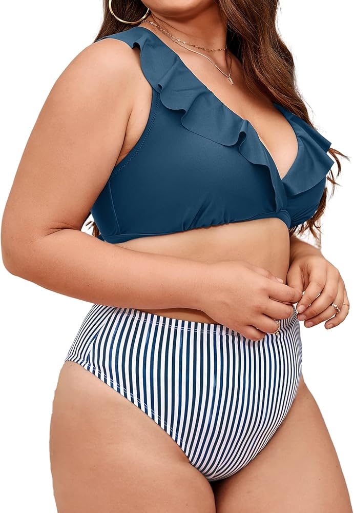 CUPSHE Women Swimsuit Plus Size Bikini Set High Waisted Striped Bottom Ruffled V Neck Lace-Up Bathing Suit