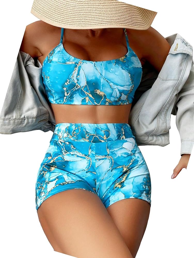 Floerns Women's Tie Dye Ruched Bikini Sets 2 Piece Bathing Suit High Waist Swimsuit with Shorts Blue Marble