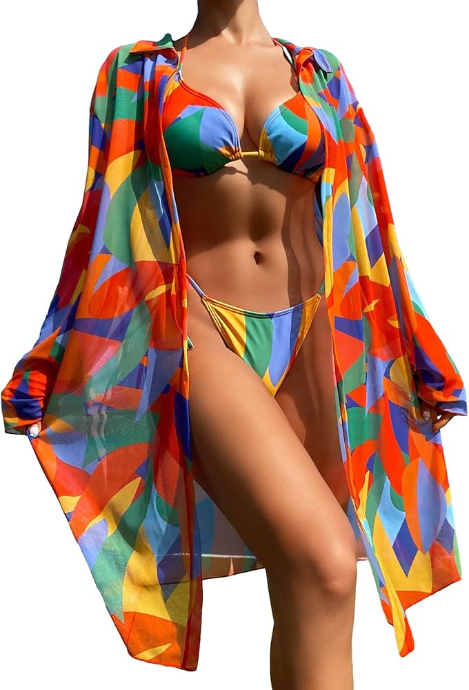 WDIRARA Women's 3 Piece Set Halter Print Tie Bikini Swimsuit with Long Kimono