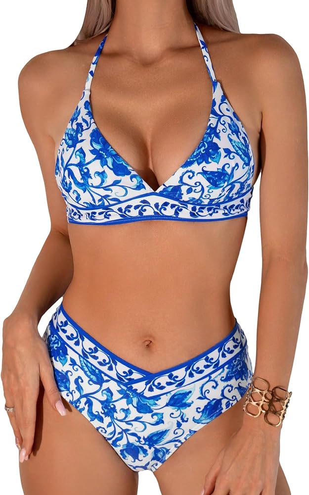 WDIRARA Women's 2 Piece Floral Print Swimsuits Halter Tie Back Bikini Set Beachwear Bathing Suit