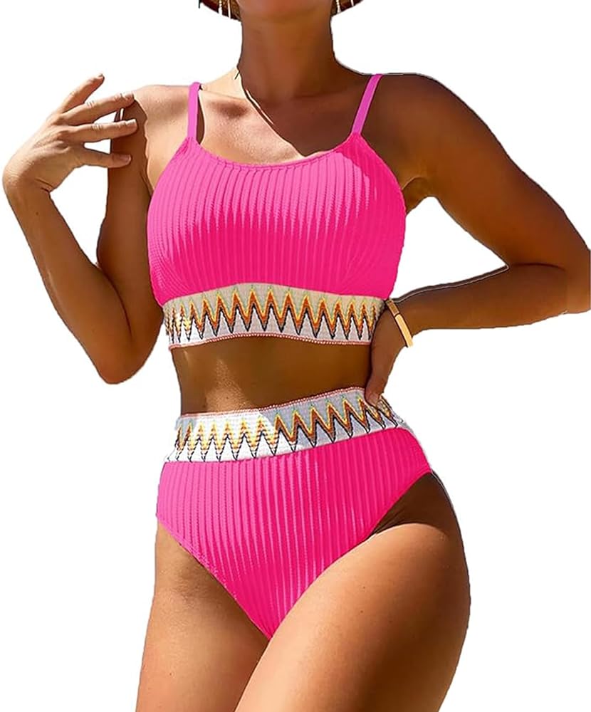 YELAIVP Women's Ribbed High Waisted Bikini Sets High Cut Tummy Control Swimsuit Bathing Suit