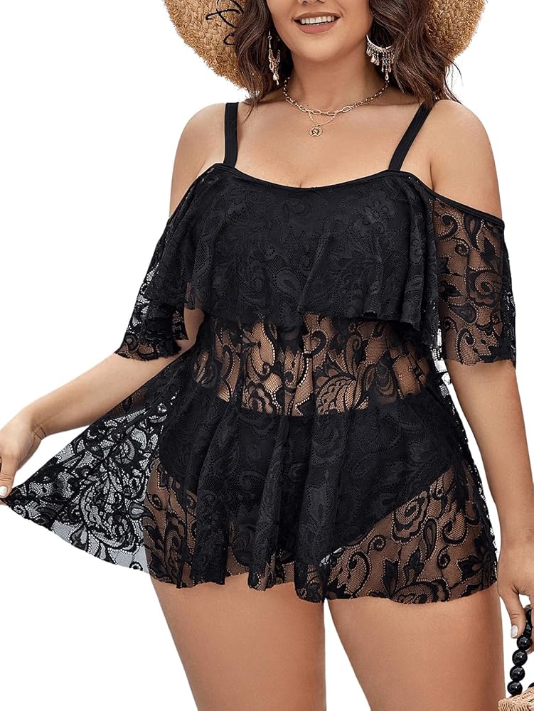 SOLY HUX Women's Plus Size Floral Lace Swimsuit Cold Shoulder Tankini Set High Waist Bottoms Bathing Suit Beachwear