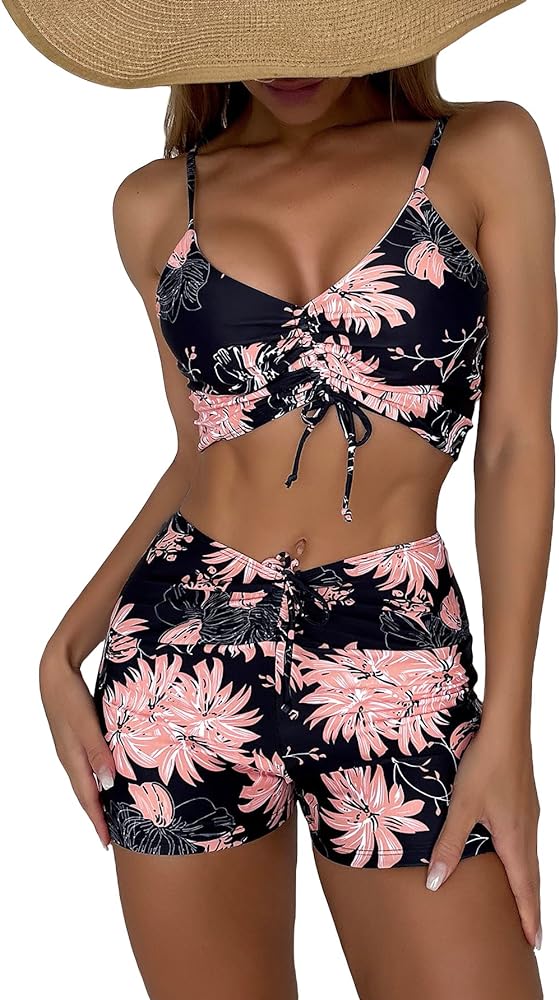 Floerns Women's Tie Dye Ruched Bikini Sets 2 Piece Bathing Suit High Waist Swimsuit with Shorts Black Floral