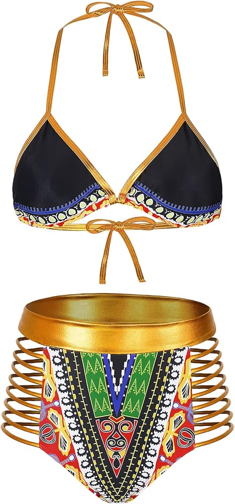 Zando Women Tribal Print Bikini African Metallic Swimsuit Two Piece Beachwear Cutout Halter Neck Bathing Suit Swimwear