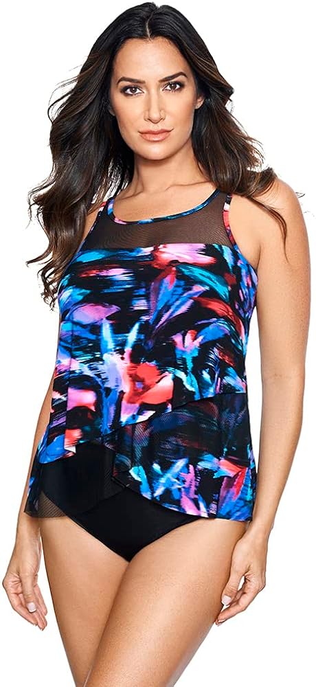 Miraclesuit Women's Plus Size Swimwear Linked in Mirage High Neckline Underwire Bra Tankini Top