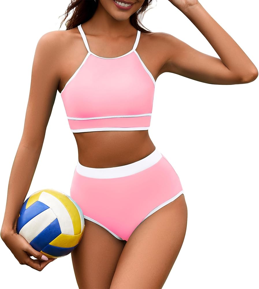 Zando Womens Sporty High Waisted Bikini 2024 Tummy Control Bathing Suit Two Piece Color Block Criss Cross Swimsuits for Women