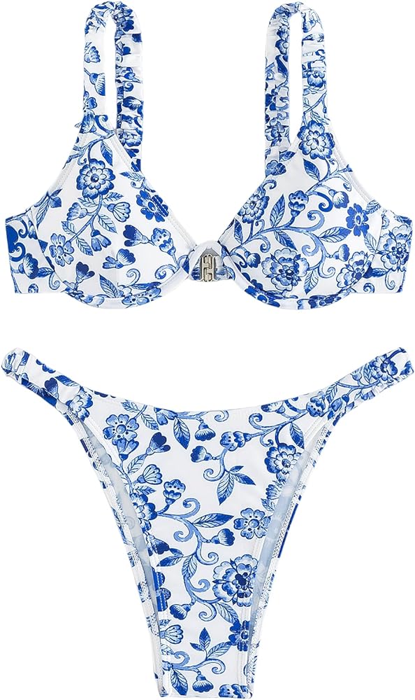 WDIRARA Women's 2 Piece Swimsuit Floral Print Underwire Bra and Thongs Bikini Set