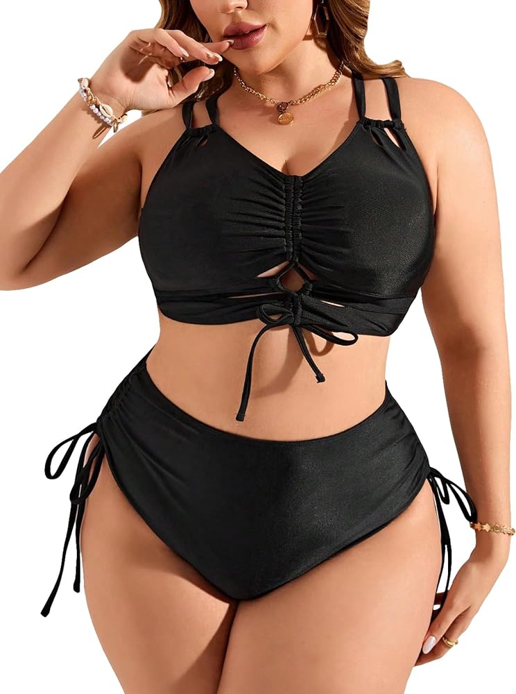 SOLY HUX Women's Plus Size 2 Piece Swimsuit Drawstring Halter Bikini Sets Bathing Suits Solid Black 4XL