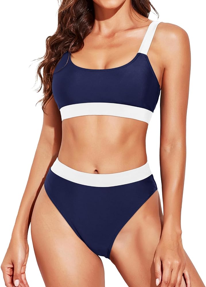 Tempt Me Women Two Piece High Waisted Bikini Swimsuits with Bottoms Teen Scoop Neck Sport Bathing Suits