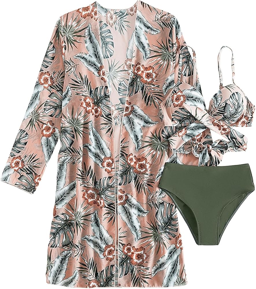 Floerns Women's 3 Piece Boho Tropical Print Push Up Bikini Set with Kimono Coverups