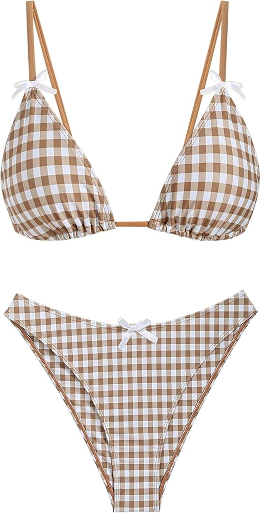 ZAFUL Women Bowknot Triangle Cheeky Bikini Set Gingham Tie Back String 2 Piece Swimsuit