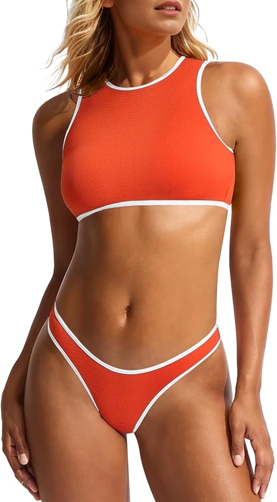 Saodimallsu High Neck Swimsuits for Women Color Block Bikini Sets Cutout Crop Top Brazilian Bottom 2 Piece Bathing Suits