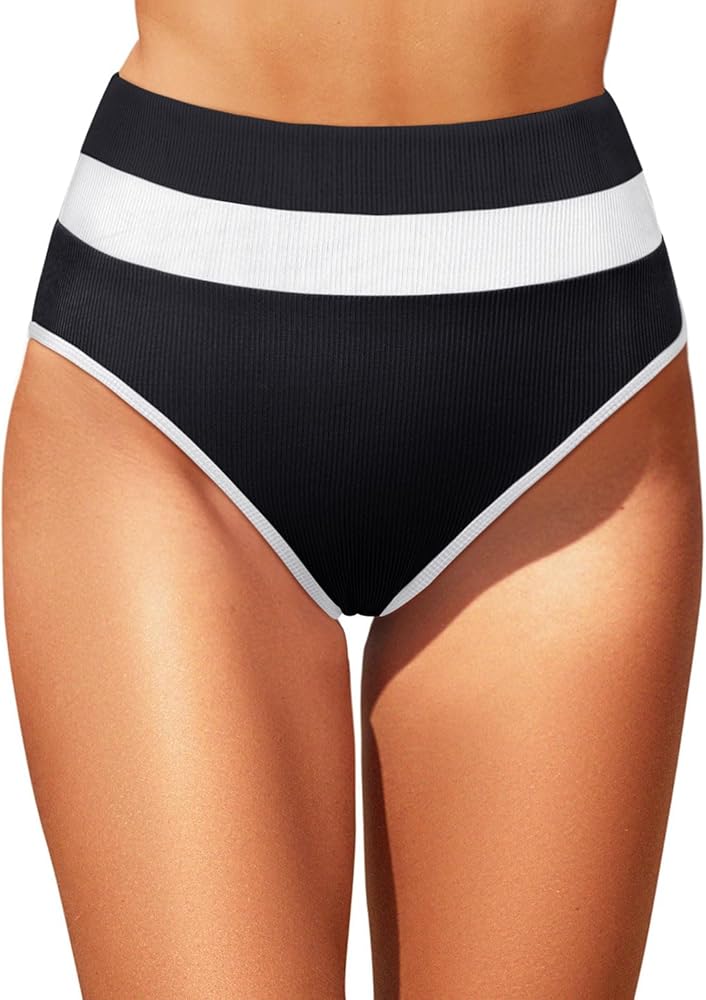 Tempt Me Women High Waisted Bikini Bottom Ribbed Textured Bathing Suit Color Block Swimsuit Bottom