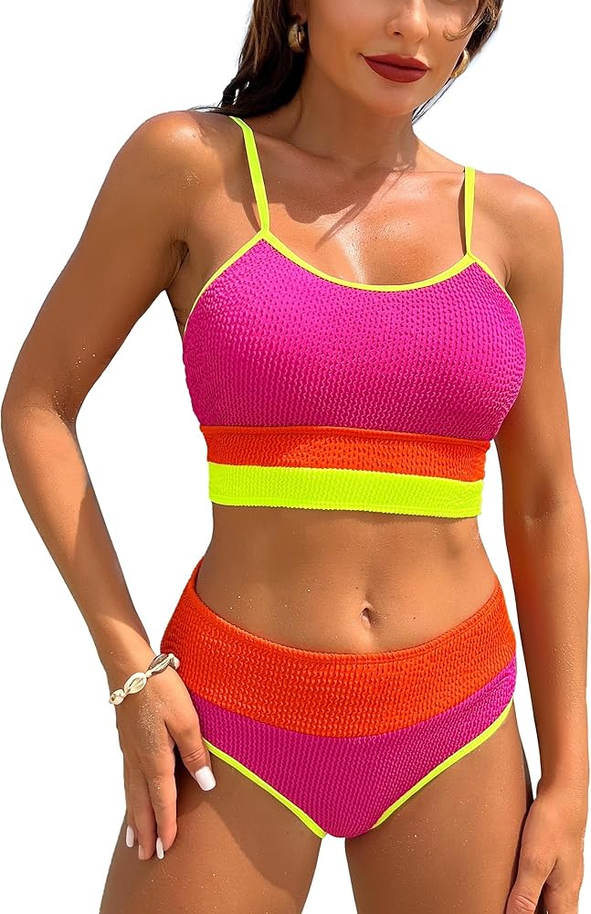 TASHEHE Women's High Waisted Bikini Set Sporty Two Piece Swimsuit Color Block Tummy Control High Cut Bathing Suit