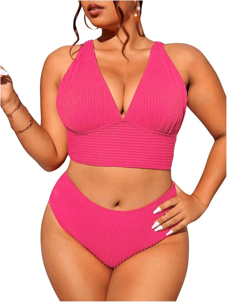 Floerns Women's Plus Size 2 Piece Swimwear Criss Cross Rib Knit Bikini Swimsuit