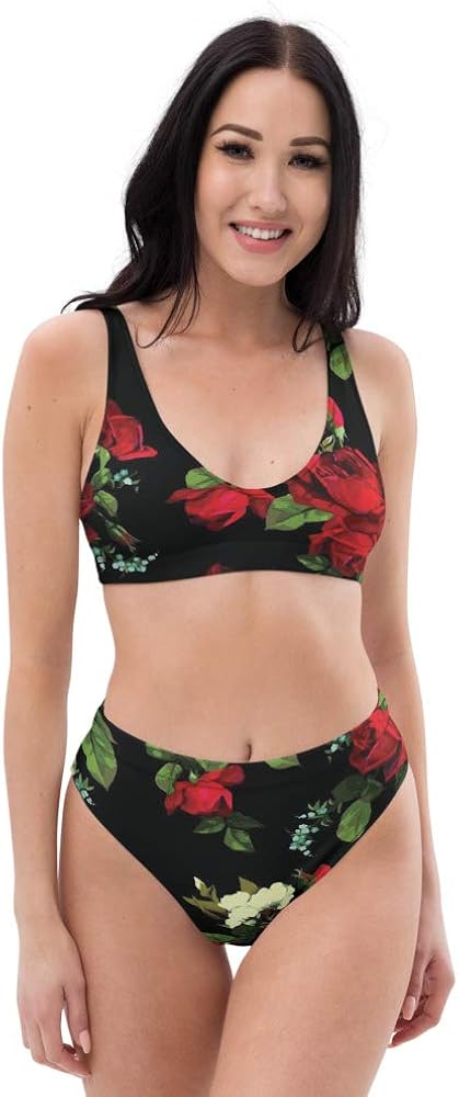 Recycled High Waisted Bikini Set for Women Floweret Red Roses Floral Black