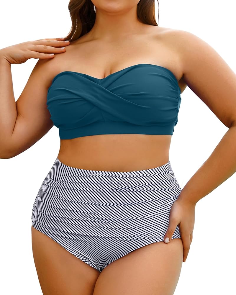 Yonique Women Plus Size Two Piece Swimsuits High Waisted Bathing Suits Bandeau Bikini Tummy Control Swimwear