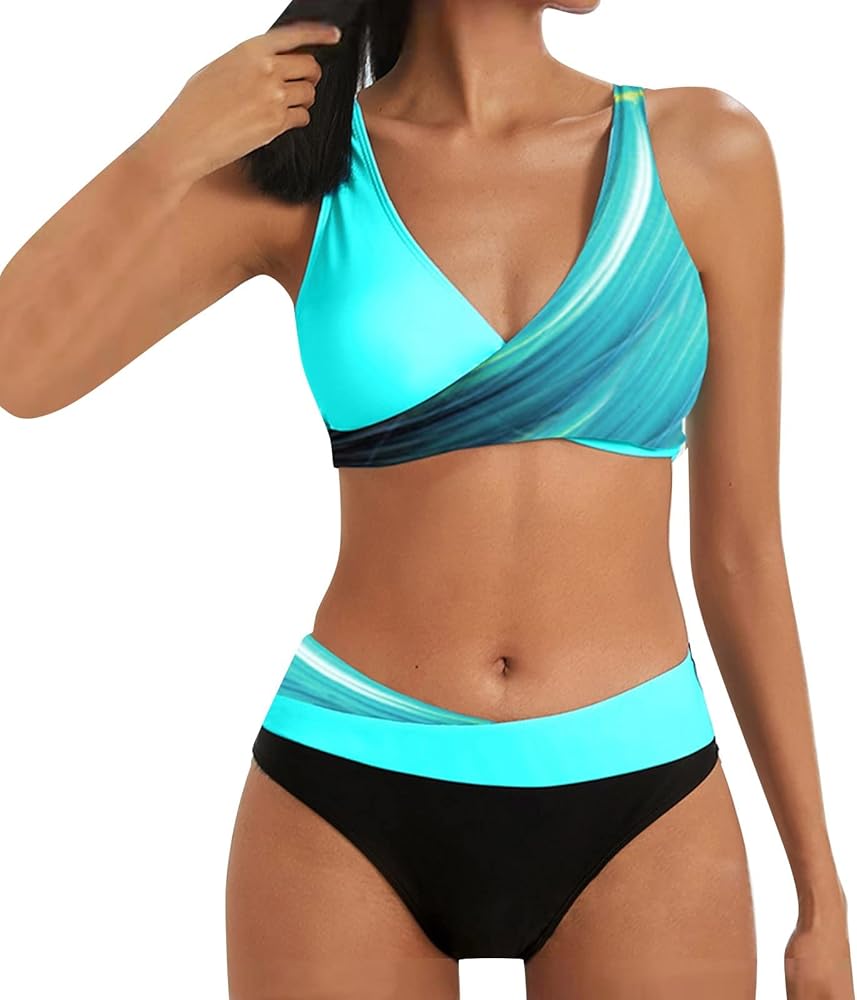 2024 Women's Bikini Summer Swimwear Front Cross Color Block Sexy Triangle Two Piece Bathing Suit Athletic Swimsuit, Small, Light Blue