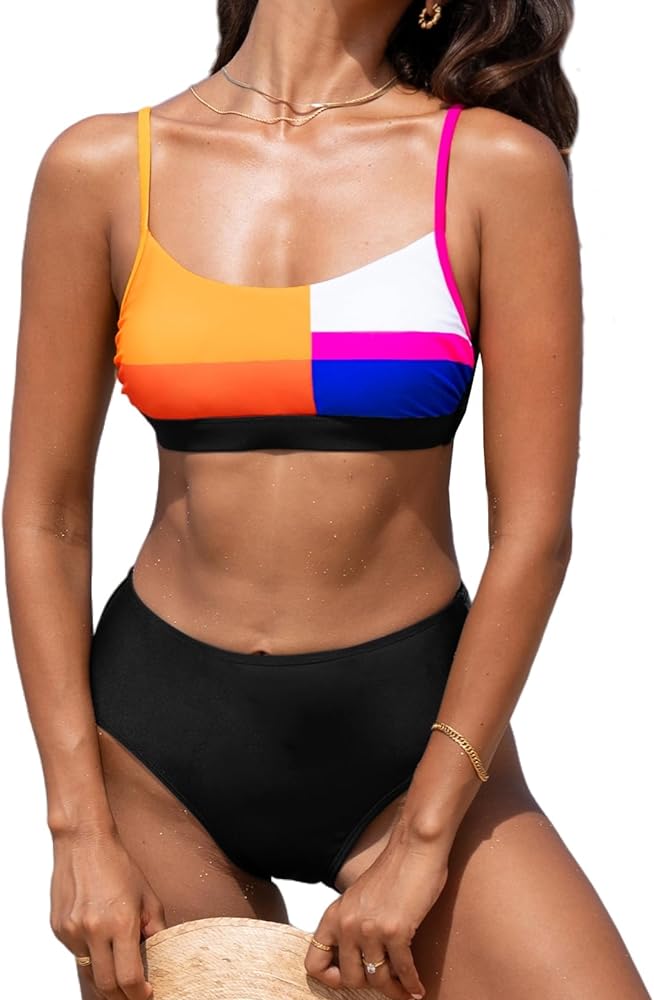 CUPSHE Women's Bikini Sets Two Piece Bathing Suit Scoop Neck Color Block Spaghetti Straps Mid Rise Back Hook