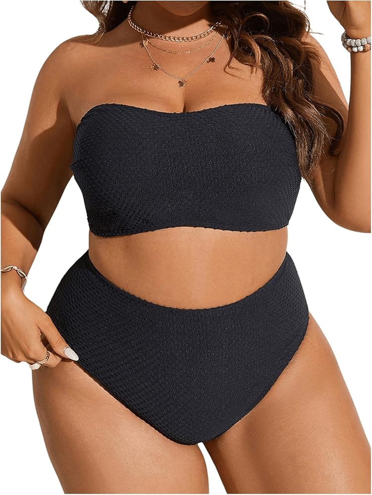 MakeMeChic Women's Plus Size Two Piece Bandeau Swimsuit Knitted High Waisted Bikini Sets