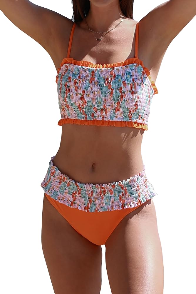 Beachsissi Womens Floral Swimsuits Smocked Stringy Selvedge Cute 2 Pieces Bikini Set