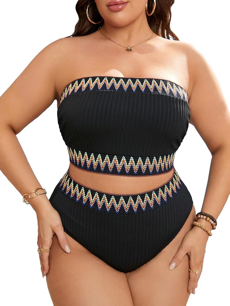 MakeMeChic Women's Plus Size Two Piece Bandeau Swimsuit Chevron Print Ribbed Knit High Cut Bikini Sets Bathing Suit