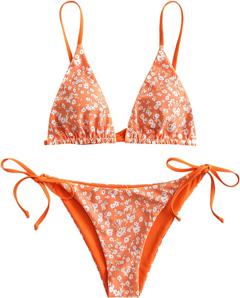 ZAFUL Women's Triangle Bikini Floral String Bikini Set Two Piece Swimsuit Bathing Suits (2-Pumpkin Orange, S)