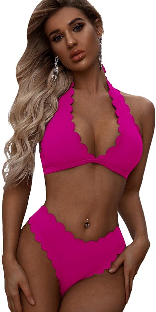 MakeMeChic Women's Scallop Trim Halter Top 2 Piece Swimwear Bikini Set Pink S