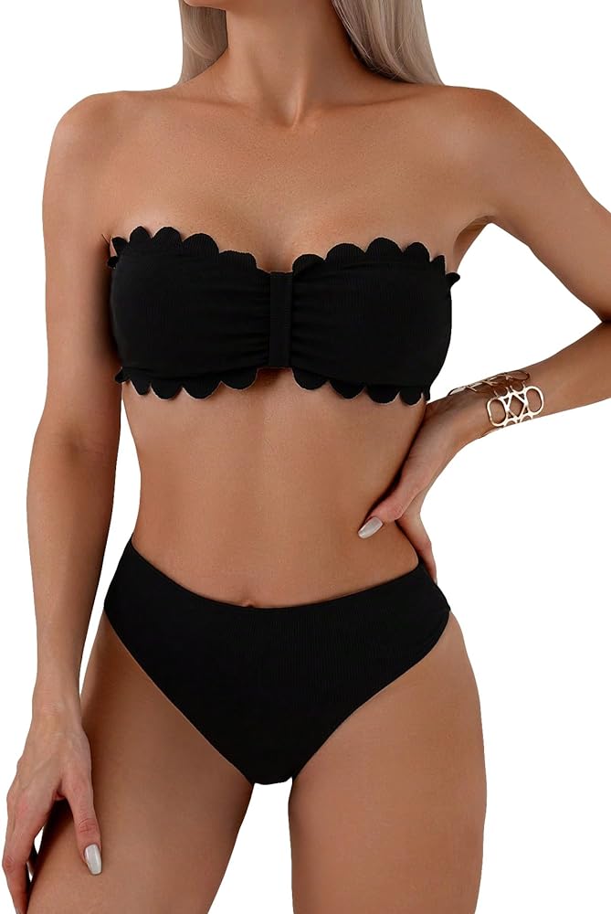 WDIRARA Women's Strapless Swimsuit Scallop Trim Bandeau High Waist Bikini Set Swimwear